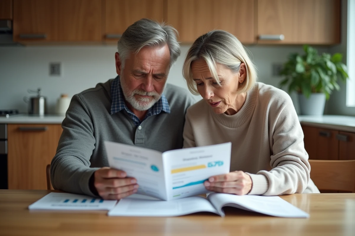 Couple d'investisseurs particuliers examinant les risques d'un placement SCPI à domicile avec des brochures et un tableau de bord numérique