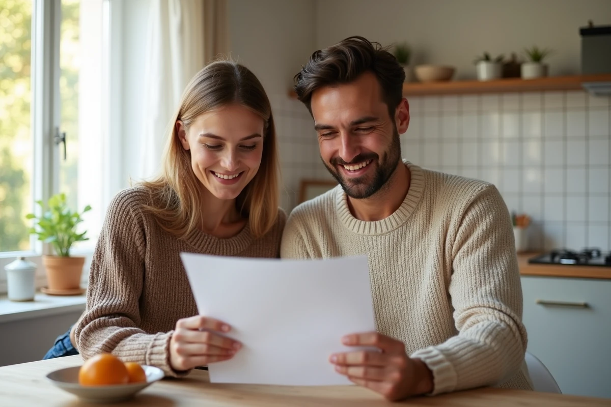 Couple lisant une lettre de remboursement de caution de crédit logement dans leur cuisine