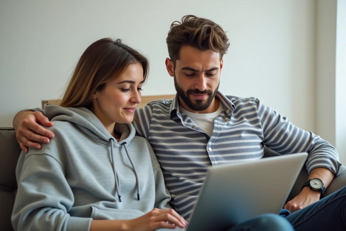 Couple de locataires comparant des offres d'assurance habitation sur un ordinateur portable après un emménagement