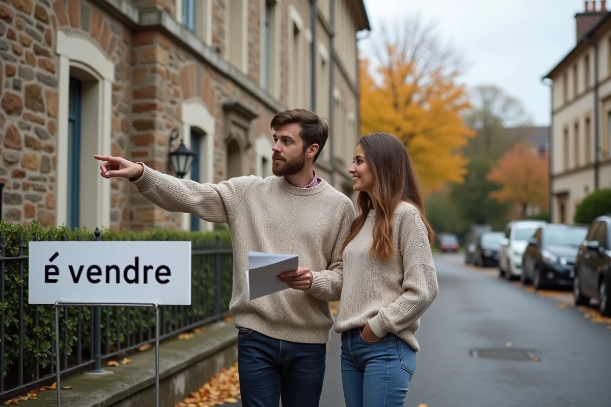 Couple devant une maison à vendre en réfléchissant aux taux de crédit immobilier actuels