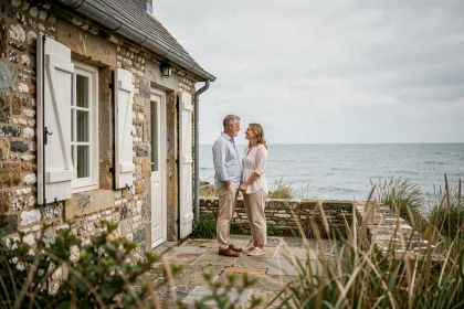 Couple devant une petite maison normande avec vue mer, murs en silex et volets blancs traditionnels