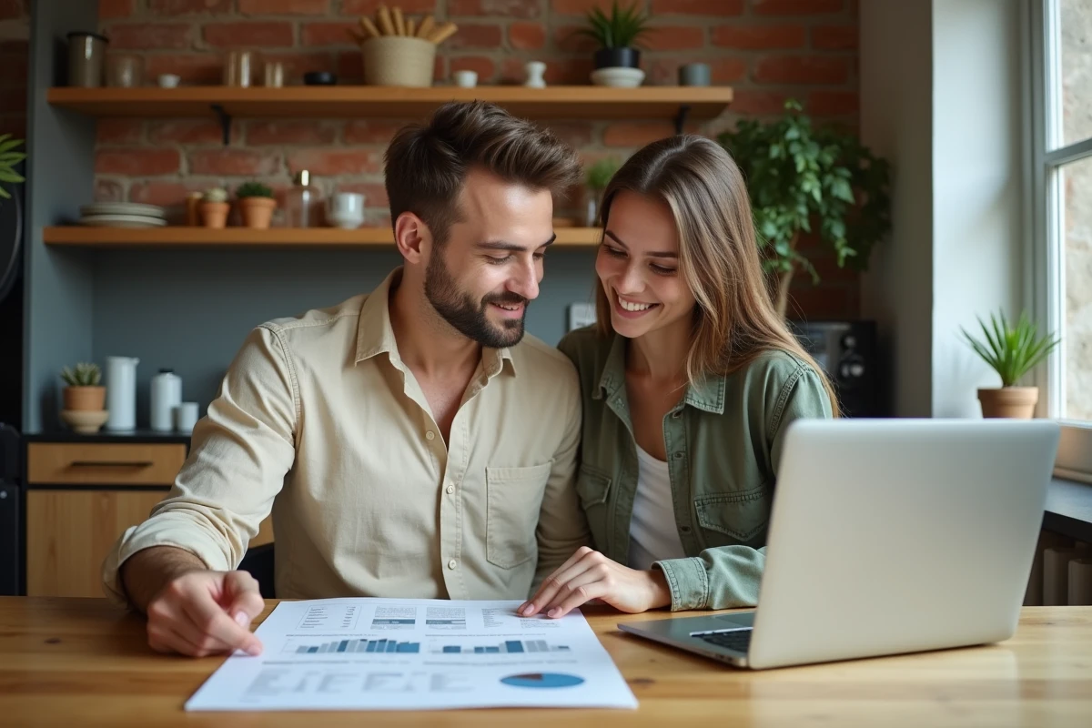 Couple de propriétaires étudiant l'estimation de la valeur de leur bien locatif à domicile