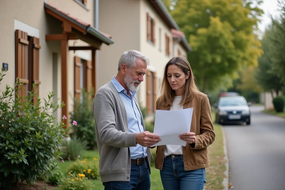 Couple de propriétaires devant leur maison tenant une estimation immobilière avant une première mise en vente