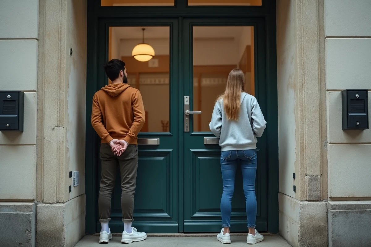 Jeune couple cherchant un logement locatif devant l'entrée d'un immeuble résidentiel en ville