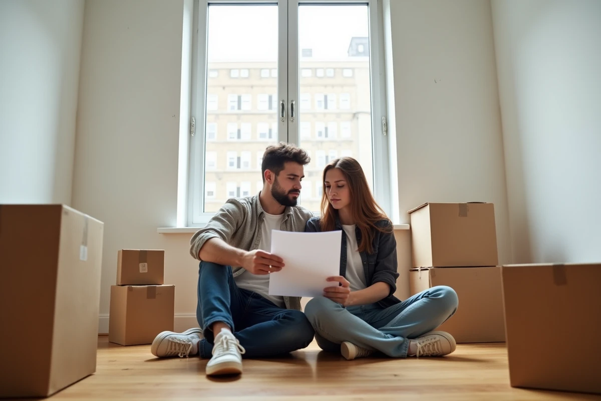Couple relisant un contrat de bail dans un appartement vide entouré de cartons de déménagement