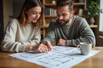 Couple examinant des documents de prêt immobilier VEFA et un plan d'appartement sur une table en bois
