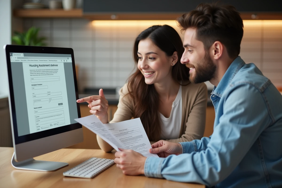 Couple saisissant ensemble un code Action Logement sur un ordinateur de bureau dans leur cuisine