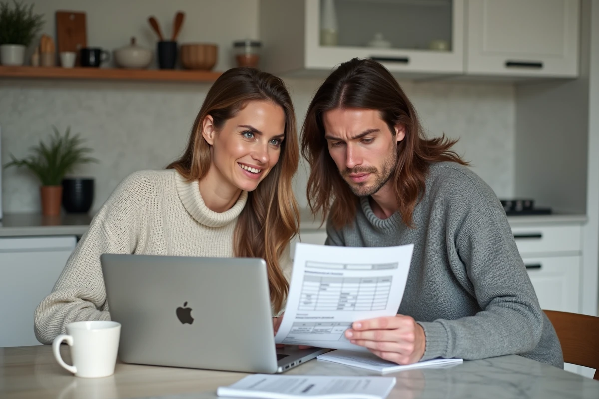 Couple étudiant une simulation de prêt immobilier à taux fixe modulable sur un ordinateur portable à leur table de cuisine