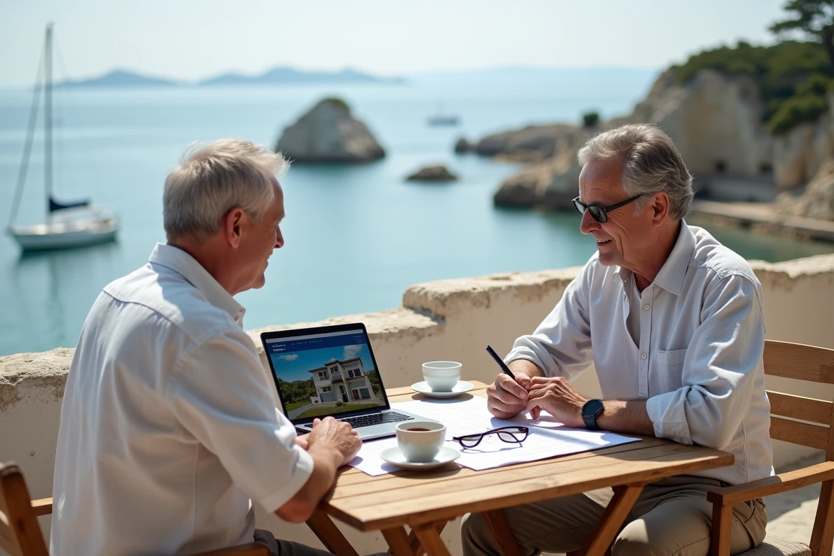Couple examinant des documents de vente immobilière sur la terrasse d'une résidence secondaire en bord de mer