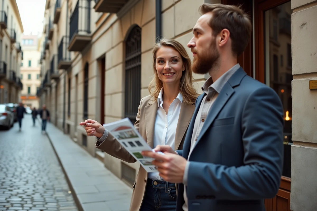 Couple visitant un immeuble résidentiel en Europe pour un projet d'investissement immobilier