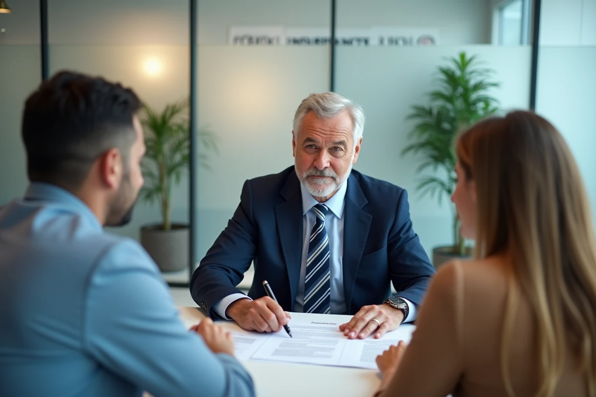 Courtier en assurance expliquant les obligations d'une assurance incendie à un couple
