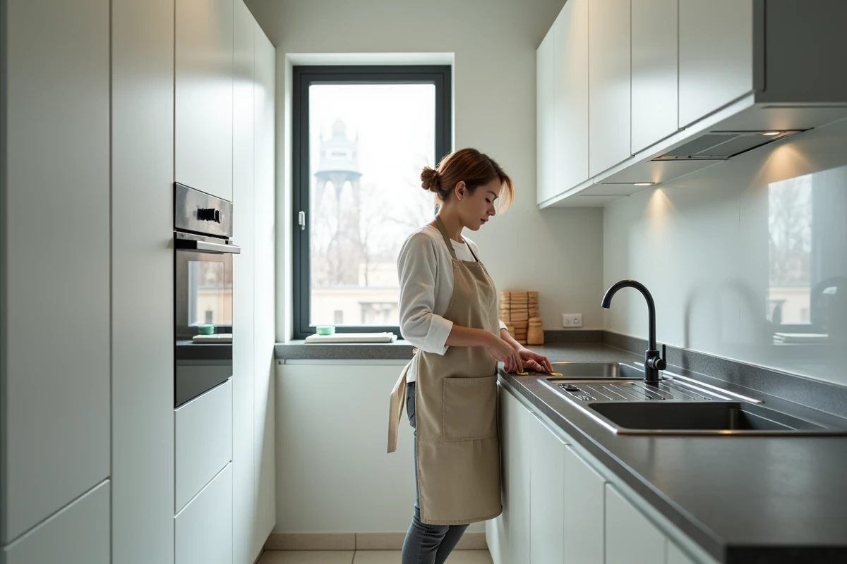 Femme mesurant l'espace dans une petite cuisine en couloir de 6 mètres carrés optimisée