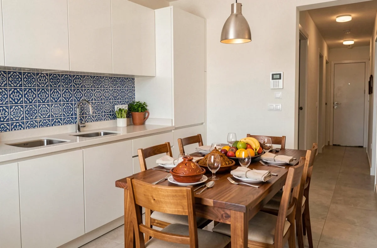 Cuisine et salle à manger d'un appartement familial à vendre à Marrakech dans une résidence moderne et sécurisée
