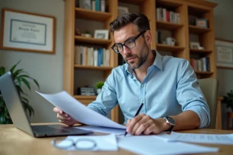 Un homme de 45 ans consulte ses documents fiscaux pour déclarer un investissement Censi-Bouvard dans un bureau à domicile
