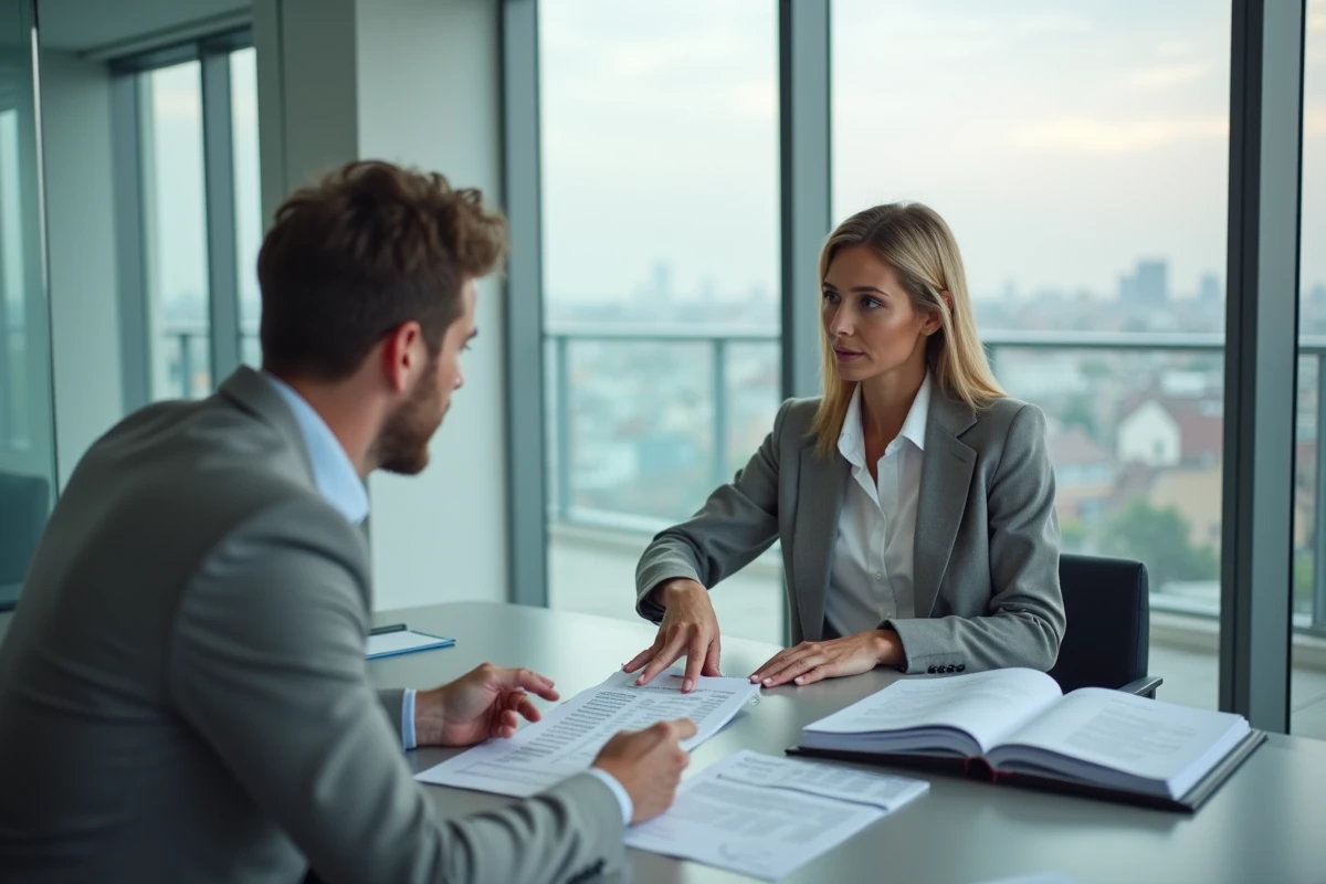 Comptable expliquant la déductibilité des honoraires de syndic à un propriétaire dans un bureau professionnel moderne