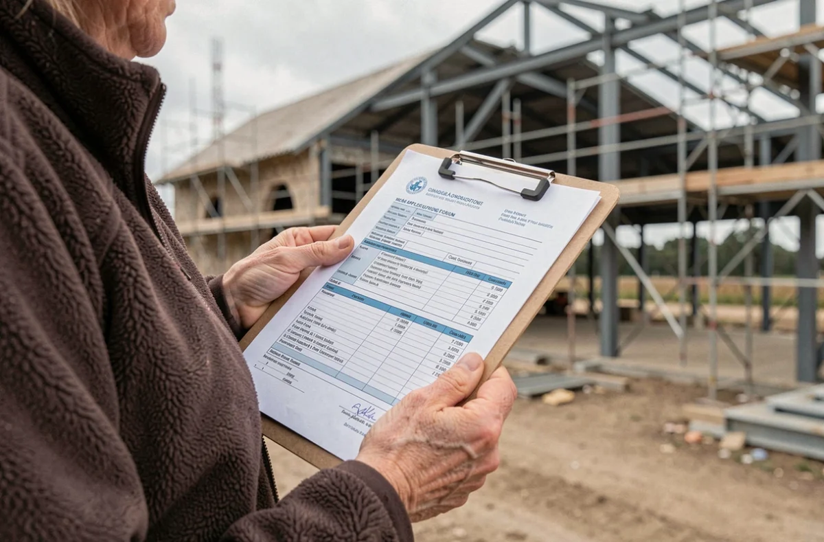 Femme agricultrice remplissant un dossier de demande d'aides publiques pour financer la construction d'un hangar agricole au m2