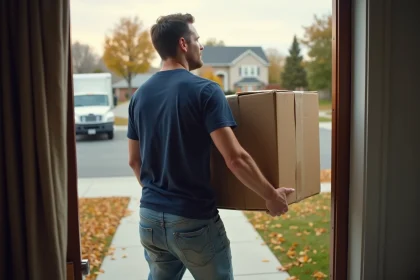 Homme portant un carton de déménagement devant une maison un jour de semaine calme