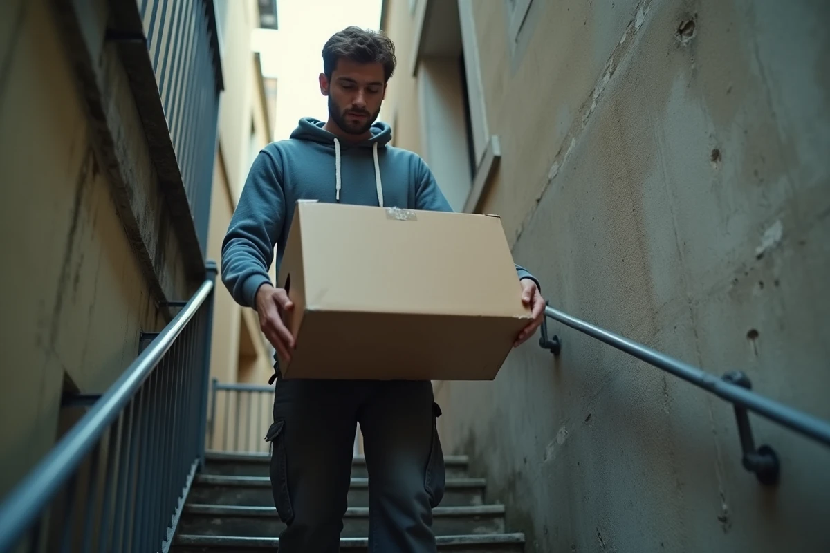 Homme seul portant un lourd carton dans un escalier étroit lors d'un déménagement sans aide