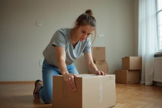 Femme seule en train d'emballer des cartons lors d'un déménagement sans aide dans un appartement vide