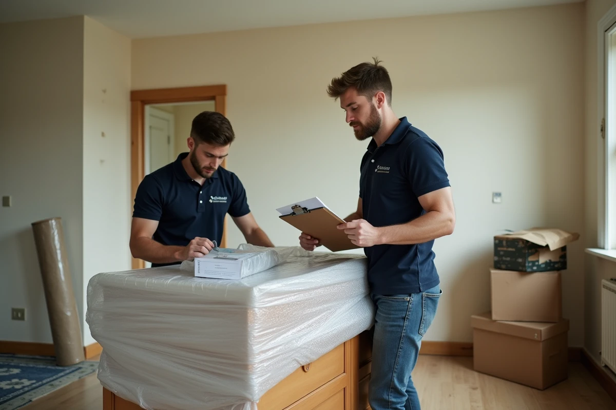Deux déménageurs professionnels emballant des meubles avec un inventaire dans un salon en cours de déménagement
