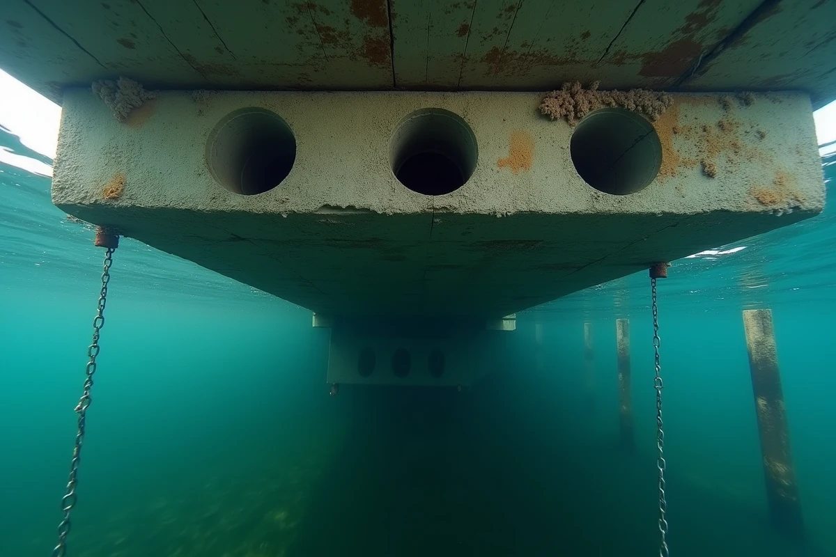 Vue sous-marine de la structure de flottaison d'un ponton en béton dans un port