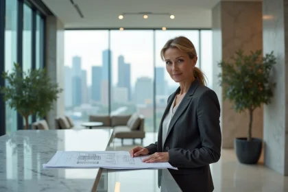 Directrice immobilière senior examinant des plans architecturaux dans le hall d'une agence immobilière de prestige avec vue sur la skyline urbaine