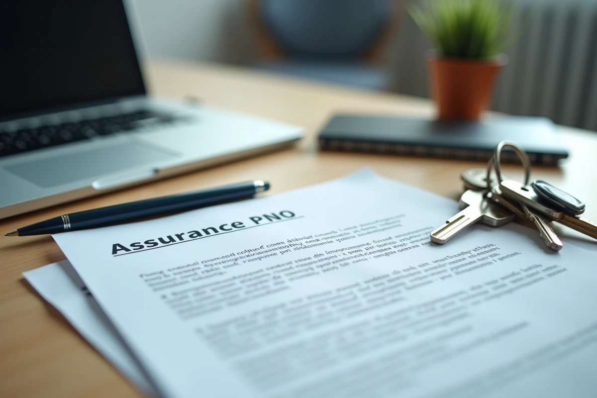 Document d'assurance PNO posé sur un bureau avec des clés d'appartement et un stylo