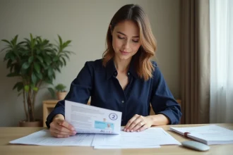 Femme organisant des documents administratifs pour un dossier de logement sur un bureau en bois