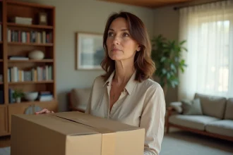 Femme tenant un carton de déménagement dans un salon chaleureux, réfléchissant à la durée idéale pour rester dans une maison