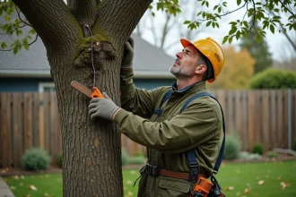 Arboriste professionnel en train d'élaguer un grand chêne dans un jardin résidentiel, travail de taille d'arbre déductible des impôts