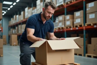Employé de logistique ouvrant une kit box dans un entrepôt moderne, illustrant la location de kit box professionnelle