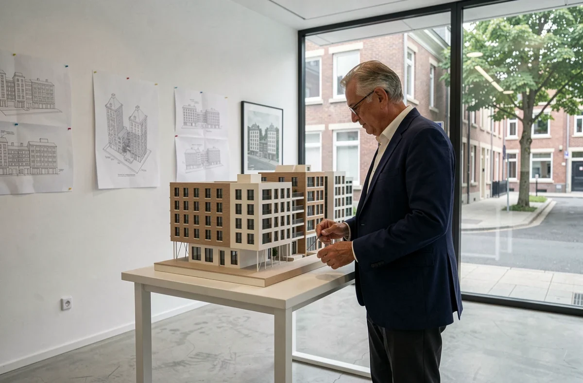 Architecte d'ENIA Architectes examinant une maquette de bâtiment contemporain dans son agence à Montreuil