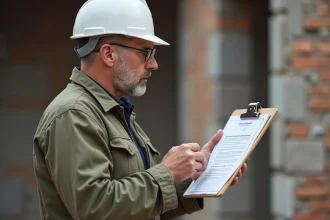 Entrepreneur du bâtiment consultant un document d'assurance décennale sur un chantier de construction en briques