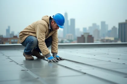Entrepreneur en bâtiment inspectant l'étanchéité d'un toit terrasse en milieu urbain