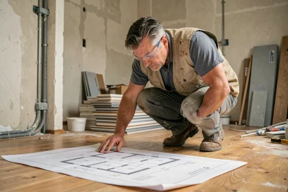 Entrepreneur en rénovation examinant un plan de travaux détaillé sur un chantier d'appartement en cours de rénovation