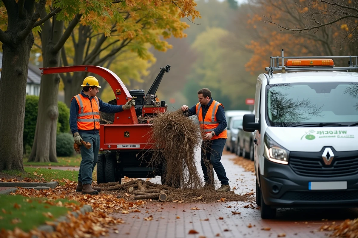 Deux élagueurs professionnels utilisant un broyeur de branches dans une rue résidentielle lors d'une prestation d'élagage déductible fiscalement