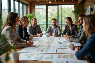 Équipe d'urbanistes discutant des contraintes réglementaires d'un écoquartier autour d'une table de travail avec plans et maquettes