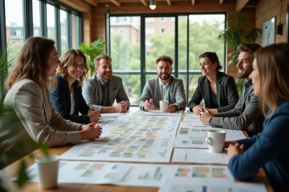 Équipe d'urbanistes discutant des contraintes réglementaires d'un écoquartier autour d'une table de travail avec plans et maquettes