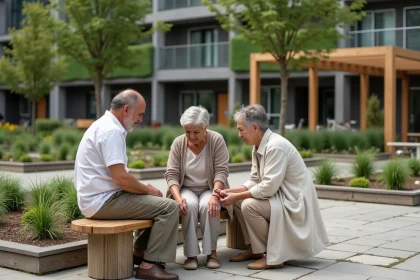 Résidents d'un écoquartier réunis autour d'un jardin partagé dans un espace public végétalisé avec pergola en bois et piste cyclable