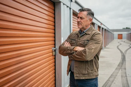 Homme évaluant la valeur d'un box de stockage fermé lors d'une vente aux enchères
