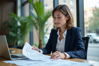 Agente immobilière analysant des documents d'estimation d'un bien locatif dans un bureau moderne