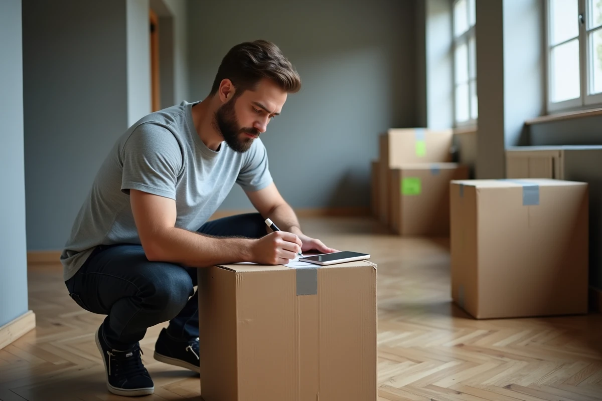 Homme étiquetant des cartons de déménagement dans un couloir vide avec une application de calcul de coût sur son smartphone