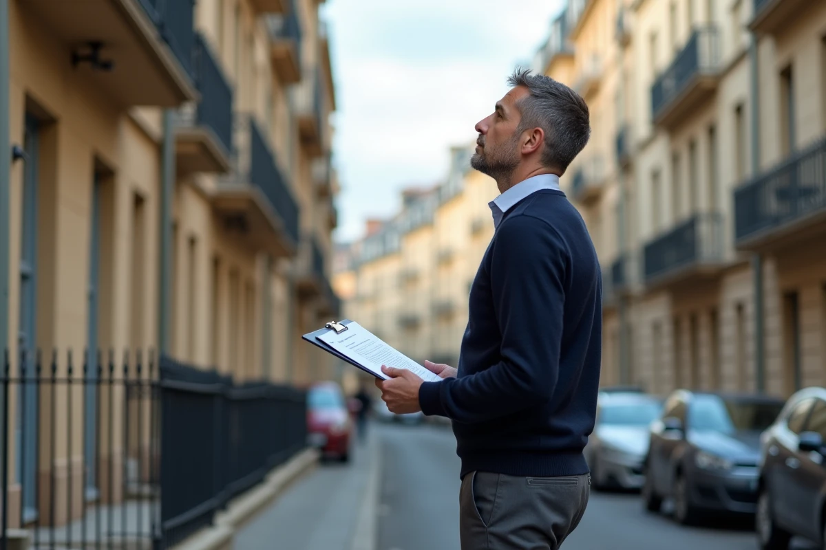 Propriétaire évaluant la rentabilité d'un bien immobilier locatif devant un immeuble résidentiel