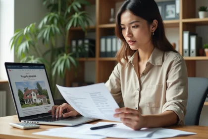 Femme consultant un site d'évaluation immobilière sur son ordinateur portable lors d'une première vente de maison