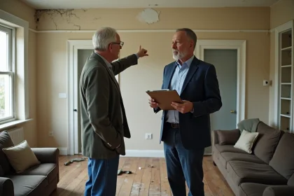 Expert en assurance inspectant des dégâts des eaux en présence du propriétaire dans un appartement sinistré