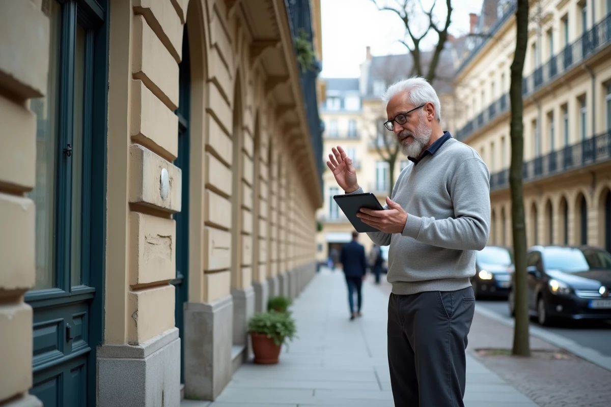 Expert immobilier évaluant la valeur d'un immeuble locatif en pierre depuis la rue