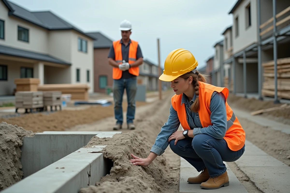 Experte en bâtiment examinant des fissures structurelles sur un chantier en présence d'un entrepreneur
