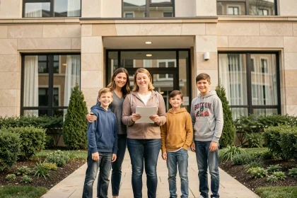 Famille nombreuse devant leur nouvel immeuble après avoir trouvé un logement adapté grâce au dispositif Cileo