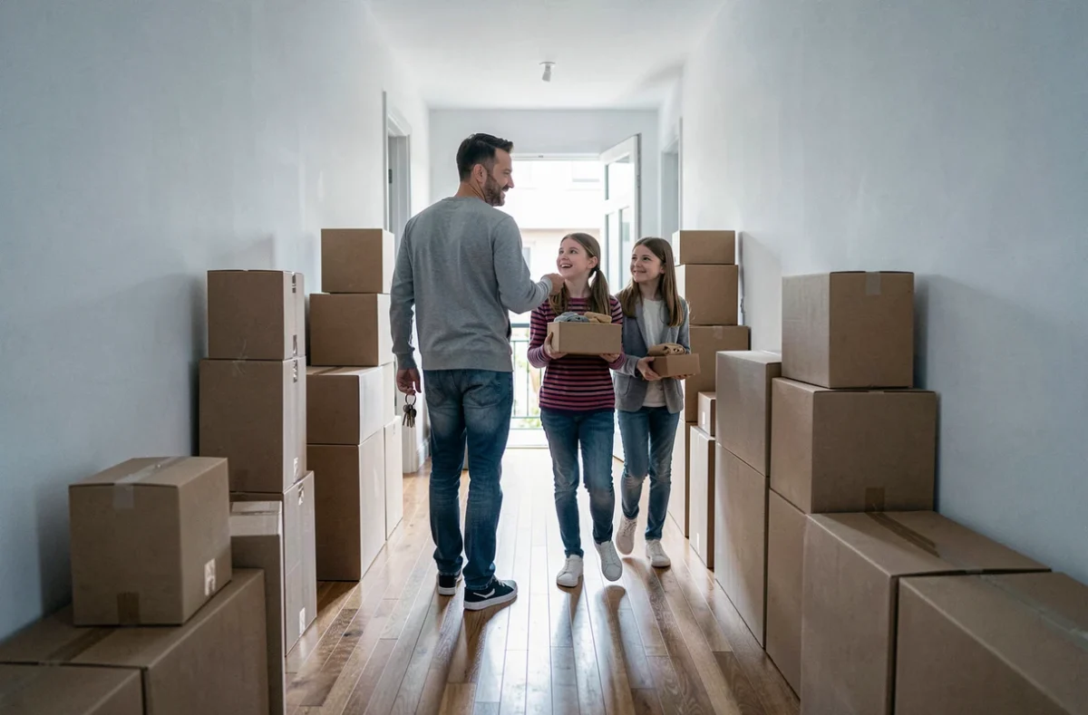 Père et enfants adolescents emménageant dans un grand appartement adapté aux familles nombreuses obtenu via Cileo