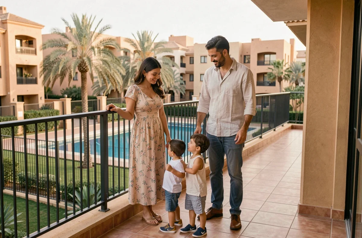 Famille marocaine profitant de la terrasse d'un appartement à vendre dans une résidence sécurisée à Marrakech avec piscine commune